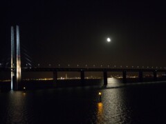 This picture was taken 2016 and showes the bridge Øresundsmotorvejen between København Danmark and Malmö Sweden. It was taken on the sea. In the background is Malmö Sweden. This picture was taken 2016 and showes the bridge Øresundsmotorvejen between København Danmark and Malmö Sweden. It was taken on the sea. In the background is Malmö Sweden.